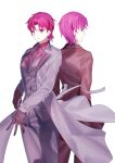  2girls adjusting_clothes adjusting_gloves back-to-back bangs bazett_fraga bazett_fraga_mcremitz black_gloves black_necktie brown_jacket brown_pants buttons closed_mouth coat collared_shirt commentary dual_persona earrings fate/grand_order fate/hollow_ataraxia fate_(series) formal gloves grey_coat grey_pants grey_suit highres jacket jewelry long_sleeves looking_at_viewer looking_away manannan_mac_lir_(fate) mole mole_under_eye multiple_girls necktie pants parted_bangs purple_eyes purple_hair red_shirt shirt short_hair simple_background suit white_background 