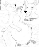  2019 ambiguous_gender anthro belly big_belly blush blush_lines breasts cervid cloud dana_(arkleseizure) deer_ears female fidchellvore fur looking_pleasured mammal monochrome mountain onomatopoeia oral_vore scut_tail short_tail simple_background sound_effects spots spotted_body spotted_fur text vore 