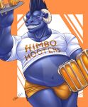  2021 4_fingers abstract_background alcohol alien anthro beer belly beverage biceps biped blue_body blue_hair bottomwear bulge clothing digital_drawing_(artwork) digital_media_(artwork) english_text eyes_closed fingers hair hi_res himbo himbo_hooters holding_plate horn khayen male musclegut muscular muscular_anthro muscular_male orange_bottomwear orange_clothing orange_shorts pecs plate sharp_teeth shaved shirt shorts signature simple_background smile solo teeth teeth_showing text thick_thighs tight_bottomwear tight_clothing tight_shirt tight_shorts tight_topwear topwear white_clothing white_shirt white_topwear 