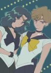  2girls 65sato65 aqua_hair bishoujo_senshi_sailor_moon blue_bow blue_choker blue_eyes blue_sailor_collar blue_skirt bow choker closed_mouth dutch_angle green_background green_sailor_collar green_skirt kaiou_michiru light_brown_hair multiple_girls outer_senshi sailor_collar sailor_neptune sailor_senshi sailor_uranus short_hair skirt smile star_(symbol) ten&#039;ou_haruka touhou very_short_hair yellow_bow 