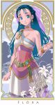  1girl art_nouveau bangs bare_arms bare_shoulders blue_eyes blue_hair blush bow bracelet breasts choker cowboy_shot dahlia_(wvya4344) dragon_quest dragon_quest_v dress earrings flora_(dq5) flower hair_bow half_updo highres jewelry long_hair pink_bow single-shoulder_dress smile solo white_dress 