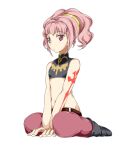  1girl anya_alstreim breasts closed_mouth code_geass full_body highres knights_of_the_round_uniform long_hair looking_at_viewer maru_sashi midriff pink_hair red_eyes simple_background small_breasts solo thighhighs white_background 