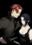  1boy 1girl baccano! black_hair breasts chane_laforet claire_stanfield cleavage closed_mouth dress elbow_gloves formal gloves highres knife looking_at_viewer red_hair short_hair simple_background smile yellow_eyes zanpan526 