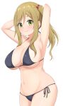  armpits arms_up bikini black_bikini blonde_hair blush breasts cleavage closed_mouth commentary_request eniraka eyebrows_visible_through_hair green_eyes hair_bobbles hair_ornament highres inuyama_aoi large_breasts long_hair looking_at_viewer navel side-tie_bikini sidelocks simple_background skindentation smile standing stomach swimsuit thighhighs underboob white_background yurucamp 
