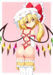  1girl ass blonde_hair blush bow crystal flandre_scarlet hat hat_bow highres huge_ass kagayama_hajime looking_at_viewer pointy_ears red_eyes smile solo thighhighs touhou touhou_tag_dream wings wrestling_outfit 