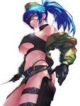  1girl absurdres bangs belt beret black_gloves blue_eyes blue_hair breasts earrings eyepatch gloves hat highres holster jacket jacket_removed jewelry leona_heidern ponytail riding_crop shocker simple_background snk_heroines:_tag_team_frenzy solo strap the_king_of_fighters thong triangle_earrings underboob underwear white_background zubon_no_onara 