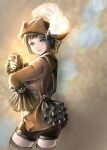  1girl absurdres avatar_(ff11) black_shorts brown_hair brown_headwear brown_legwear corsair_(final_fantasy) cowboy_shot final_fantasy final_fantasy_xi hand_on_hip hat hat_feather highres hume light_blue_eyes long_sleeves looking_at_viewer piyoco short_hair shorts smile solo thighhighs white_feathers zettai_ryouiki 