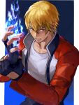  1boy bangs black_gloves blonde_hair collarbone fingerless_gloves gloves highres jacket long_sleeves looking_at_viewer male_focus mark_of_the_wolves oni_gini red_eyes red_jacket rock_howard shirt short_hair the_king_of_fighters upper_body white_shirt 