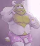  absurd_res anthro asgore_dreemurr beard blonde_hair body_hair boss_monster bovid caprine chest_hair clothed clothing coffee_mug dudebulge eyebrows facial_hair fur genitals goat hair hi_res horn male mammal mature_anthro mature_male mustache navel nipples overweight overweight_anthro overweight_male penis pink_clothing pink_underwear poking_out solo topless undertale undertale_(series) underwear video_games white_body white_fur 