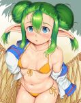  1girl bangs bare_shoulders bikini blue_eyes blush breasts collarbone commentary_request double_bun eyebrows_visible_through_hair feet_out_of_frame from_above gradient gradient_background green_hair hair_between_eyes hammock highres lidelle_(puyopuyo) looking_at_viewer medium_hair navel off_shoulder orizen pointy_ears puyopuyo side-tie_bikini sidelocks small_breasts solo string_bikini swimsuit tareme yellow_bikini 