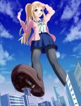  10s 1girl absurdres blonde_hair building destruction from_below giant giantess green_eyes highres loafers open_mouth original pantyhose ponytail school_uniform shoes skirt sky smile solo 