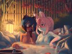  2girls absurdres animal_ear_fluff animal_ears autumn_leaves bamboo_fence blue_hair bottle brand_new_animal breasts choko_(cup) cup eye_contact face-to-face fence finger_to_mouth fox_ears fox_girl furry furry_female highres hiwatashi_nazuna kagemori_michiru lantern leaf long_hair looking_at_another michirutnk multiple_girls night nipples nude onsen outdoors partially_submerged pink_eyes pink_hair ponytail raccoon_ears raccoon_girl red_eyes sake_bottle short_hair sitting small_breasts smile tree water yuri 