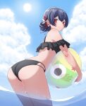 1girl absurdres bangs bikini black_bikini black_hair blush closed_mouth commentary_request crossover feet_out_of_frame flower hair_flower hair_ornament highres holding idolmaster idolmaster_shiny_colors keroro keroro_gunsou looking_at_viewer looking_to_the_side morino_rinze ocean off-shoulder_bikini off_shoulder p_giraffa partially_submerged red_eyes short_hair smile solo standing swimsuit water_drop 