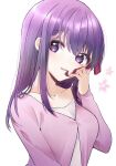  1girl cardigan cherry_blossom_print collarbone eyebrows_visible_through_hair fate/stay_night fate_(series) floral_print hair_ribbon highres light_smile looking_at_viewer matou_sakura pink_cardigan purple_eyes purple_hair ribbon simple_background solo straight_hair tanka_kikurage upper_body 