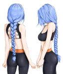  1girl ass back bangs bare_arms bare_shoulders black_pants blue_hair braid breasts chaesu cleavage commentary crop_top english_commentary facing_away from_behind highres long_braid long_hair medium_breasts midriff minah_(chaesu) multiple_views original pants signature simple_background single_braid sports_bra standing stomach sweatpants very_long_hair white_background 