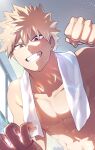  1boy abs absurdres bakugou_katsuki bangs blonde_hair boku_no_hero_academia clenched_hand clenched_teeth collarbone covered_nipples day from_below grin highres imminent_punch indoors lens_flare light_particles looking_at_viewer male_focus muscular muscular_male red_eyes scar_on_hand short_hair smile solo spiked_hair sunlight teeth topless_male towel towel_around_neck twitter_username v-shaped_eyebrows watermark yazakc 