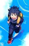  1boy absurdres alternate_eye_color alternate_hair_color artist_name backpack bag bangs blue_eyes blue_hair blue_jacket blue_pants blue_sky blue_theme boku_no_hero_academia brown_hair buttons carrying_bag cloud day freckles from_above full_body gakuran grin happy highres holding_strap jacket looking_at_viewer male_focus midoriya_izuku open_mouth outdoors pants red_footwear reflection ripples running school_uniform shoes short_hair signature sky smile sneakers solo splashing twitter_username water wide-eyed yazakc younger 