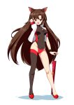  1girl animal_ears arms_behind_head breasts brown_hair gem high_heels imaizumi_kagerou jacket jewelry kagayama_hajime leotard medium_breasts necklace open_clothes open_jacket race_queen red_eyes stiletto_heels thighhighs touhou umbrella white_background wolf_ears 