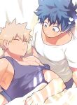  2boys absurdres artist_name bakugou_katsuki bangs ben-day_dots blinds blonde_hair blush boku_no_hero_academia closed_eyes collarbone freckles green_hair grey_shirt heart highres implied_yaoi indoors light_blush looking_at_another male_focus mature_male midoriya_izuku multicolored_eyes multiple_boys muscular parted_lips pectoral_cleavage pectorals raised_eyebrows screentones shirt short_hair short_sleeves sidepec signature sleeping spiked_hair strap_slip sunlight tank_top taut_clothes taut_shirt twitter_username watermark white_shirt window_shade yazakc 