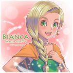  1girl alternate_eye_color bianca_(dq5) blonde_hair blush bracelet braid breasts cape character_name choker copyright_name dahlia_(wvya4344) dragon_quest dragon_quest_v earrings feathers green_eyes hair_over_shoulder highres jewelry long_hair medium_breasts open_mouth orange_cape single_braid smile solo 