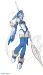 1girl android bangs blue_eyes blue_hair bodysuit boots breasts closed_mouth commentary frown full_body gloves helmet high_heels holding holding_weapon leviathan_(mega_man) mega_man_(series) mega_man_zero polearm solo takamiyadaira thigh_boots thighhighs twitter_username weapon 