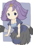  1girl absurdres acerola_(pokemon) blue_background blue_dress blush_stickers collarbone commentary_request dress eyebrows_visible_through_hair forehead highres leaning_forward looking_at_viewer parted_lips pokemon pokemon_(game) pokemon_sm purple_eyes purple_hair rururu_(pyrk8855) short_sleeves solo standing two-tone_background white_background wide_sleeves 