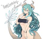  1girl absurdres bikini blue_eyes blue_hair breasts dragon_girl dragon_horns dragon_tail happy_birthday heterochromia highres horns indie_virtual_youtuber jewelry large_breasts long_hair mole mole_under_eye monchizu necklace pale_skin swimsuit tail tatsuta_fuwami very_long_hair virtual_youtuber yellow_eyes 