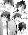  2boys alternate_hairstyle bangs bar_censor blush censored closed_mouth cum cum_in_mouth deepthroat earrings facial fellatio genshin_impact greyscale hair_between_eyes hair_down hand_on_another&#039;s_head highres jewelry long_hair male_focus moboj13 monochrome multiple_boys multiple_views nipples nude one_eye_closed open_mouth oral penis simple_background single_earring tassel tassel_earrings tears tongue tongue_out zhongli_(genshin_impact) 