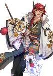  1boy electricity fangs hand_on_hip horns japanese_clothes jewelry kadeart long_bangs long_hair long_sleeves looking_at_viewer male_focus onmyoji open_mouth pointy_ears red_hair short_hair_with_long_locks smile solo staff tassel tied_hair twitter_username yasha_(onmyoji) yellow_eyes 