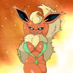  big_breasts big_tail bikini breasts clothing eeveelution female fire flareon fluffy fluffy_tail fur hands_behind_head nintendo orange_body orange_fur pok&eacute;mon pok&eacute;mon_(species) solo swimwear thick_thighs video_games 