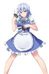  1girl apron bangs blue_dress blue_eyes bow braid dress frilled_apron frills green_bow hair_between_eyes hair_bow hair_ribbon highres holding holding_knife izayoi_sakuya kakikorori knife maid maid_apron maid_headdress medium_hair mind_control puffy_short_sleeves puffy_sleeves ribbon short_sleeves silver_hair simple_background solo textless touhou twin_braids white_background 