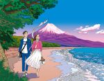  1boy 1girl bag black_bag blue_jacket blue_pants blue_sky brown_hair cloud day jacket ligne_claire long_hair long_skirt mount_fuji open_mouth original outdoors pants pink_footwear pink_jacket pink_shirt plant print_shirt scarf seizo_watase shirt shoes short_hair shoulder_bag skirt sky smile tree white_footwear white_shirt white_skirt wide_shot 