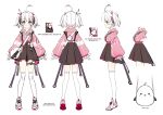  1girl absurdres bag bangs black_skirt character_sheet eyebrows_visible_through_hair handbag high-waist_skirt highres hood hoodie korean_commentary luna_nyann multiple_views official_art pink_footwear pink_hoodie piyo_(vrecord) purple_eyes shoes skirt smile sneakers thigh_strap twintails virtual_youtuber vrecord white_background 