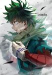  1boy bags_under_eyes bangs blurry blurry_background blurry_foreground boku_no_hero_academia costume debris depth_of_field dirty dirty_face dust_cloud freckles gloves green_eyes green_hair green_jumpsuit hands_up highres jumpsuit light_rays midoriya_izuku parted_lips red_sleeves serious short_hair solo tonbanlove torn_clothes upper_body white_gloves wind 