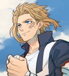  1boy bandaged_fingers bandaged_wrist bandages bandaid bandaid_on_face blonde_hair blue_eyes blue_sky boku_no_hero_academia clenched_hand cloud day determined from_below gym_uniform hair_blowing high_collar jacket kadeart looking_ahead male_focus muscular muscular_male open_clothes open_jacket outdoors scratches shirt short_hair sidelocks sky smile solo taped_fingers track_jacket u.a._gym_uniform white_shirt wind yagi_toshinori younger 