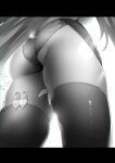  1girl ass between_legs clothes_lift commentary_request condom from_behind from_below greyscale hand_between_legs highres letterboxed long_hair monochrome noto_kurumi original panties skirt skirt_lift solo thighhighs underwear used_condom very_long_hair 