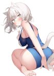  1girl absurdres ahoge animal_ear_fluff animal_ears ass bangs bare_arms bare_legs barefoot blue_eyes blue_swimsuit blush breasts cat_ears cat_girl cat_tail clothing_cutout commentary_request eyebrows_visible_through_hair feet from_behind hand_up highres large_breasts looking_at_viewer looking_back one-piece_swimsuit original parted_lips shin_no_tenpii short_hair silver_hair simple_background sitting solo strap_lift swimsuit tail tail_through_clothes wariza white_background 