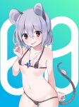  1girl akagashi_hagane animal_ears bikini black_bikini breasts commentary_request grey_hair groin hand_in_hair jewelry micro_bikini mouse mouse_ears mouse_tail navel nazrin open_mouth pendant red_eyes short_hair simple_background small_breasts smile solo swimsuit tail touhou white_background 