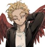  1boy arm_behind_head black_jacket blonde_hair boku_no_hero_academia clenched_teeth earrings facial_hair facial_mark facing_viewer feathered_wings goatee hand_on_own_neck hawks_(boku_no_hero_academia) head_tilt headphones headphones_around_neck jacket jewelry kadeart looking_to_the_side male_focus one_eye_closed open_clothes open_jacket red_feathers red_wings shirt short_hair simple_background solo stubble stud_earrings teeth tired upper_body white_background white_shirt wings yellow_eyes 