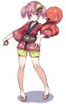  1girl bangs bidoof character_request collarbone commentary_request eyebrows_visible_through_hair hair_between_eyes harigane_shinshi highres long_sleeves looking_at_viewer mask mask_on_head octillery pink_hair poke_ball poke_ball_(legends) pokemon pokemon_(creature) red_eyes shadow short_shorts shorts twintails white_background yellow_shorts 