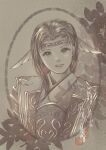  1girl branch eyelashes final_fantasy final_fantasy_xi hair_intakes head_tilt headband highres hume iroha_(ff11) japanese_clothes leaf lips long_hair looking_at_viewer parted_lips piyoco sepia smile solo 