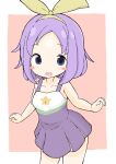  1girl :d absurdres bare_arms bare_shoulders blush_stickers breasts brown_background collarbone commentary_request dress forehead hair_ribbon highres hiiragi_tsukasa looking_at_viewer lucky_star pleated_dress purple_dress purple_eyes purple_hair ribbon rururu_(pyrk8855) sleeveless sleeveless_dress small_breasts smile solo standing two-tone_background white_background yellow_ribbon 