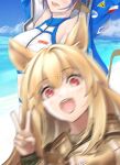  2girls animal_ears arknights armpit_peek arms_up bangs beach blonde_hair blue_sky blurry blurry_foreground breasts ceobe_(arknights) cloud commentary_request dog_ears eyebrows_visible_through_hair eyes_visible_through_hair fang hair_between_eyes infection_monitor_(arknights) light_blush long_hair long_sleeves looking_at_viewer midriff_peek motion_blur multiple_girls off-shoulder_shirt off_shoulder open_mouth photobomb purple_hair red_eyes shirt shore short_hair sideroca_(arknights) sideroca_(light_breeze)_(arknights) sky teeth v yokaze_(yokajie) 