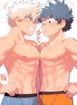  2boys abs artist_name bakugou_katsuki bangs blonde_hair boku_no_hero_academia boxer_briefs flying_sweatdrops freckles furry furry_female green_eyes green_hair grin groin hand_on_hip highres hip_bones implied_yaoi light_blush looking_at_another looking_down male_focus male_underwear midoriya_izuku multiple_boys muscular muscular_male navel pectoral_docking pectoral_press pectorals red_eyes short_hair shoulder-to-shoulder signature simple_background smile spiked_hair spoken_expression spoken_flying_sweatdrops text_focus topless_male translation_request twitter_username underwear v-shaped_eyebrows white_background yazakc 