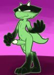  2022 3_toes 4_fingers anthro balls big_penis black_body black_scales digitigrade feet fingers genitals glans gloves_(marking) green_balls green_body green_penis green_scales hi_res horn kathre kobold leg_markings male markings no_pupils nude penis pink_background scales scalie simple_background smile smirk socks_(marking) solo standing toes ultilix yellow_eyes yellow_glans yellow_horn 