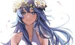  1girl alternate_costume bangs bare_shoulders blue_eyes blue_hair blush closed_mouth collarbone dress fire_emblem fire_emblem_awakening fire_emblem_heroes floating_hair flower hair_between_eyes hair_ornament head_wreath highres hoshigaki_(hsa16g) long_hair looking_at_viewer lucina_(fire_emblem) official_alternate_costume petals portrait simple_background sleeveless sleeveless_dress smile solo symbol-only_commentary symbol-shaped_pupils very_long_hair white_background white_dress white_flower 
