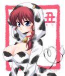  1girl animal_print artist_name bell blue_eyes braid braided_ponytail breasts chinese_zodiac choker cleavage cleavage_cutout closed_mouth clothing_cutout commentary cow_hood cow_horns cow_print cow_tail dress eyebrows_visible_through_hair genderswap genderswap_(mtf) hair_over_shoulder hood hood_up hooded_dress horns kanji large_breasts light_frown long_sleeves looking_at_viewer medium_hair neck_bell new_year outside_border print_dress ranma-chan ranma_1/2 red_choker red_hair signature single_braid solo tail translated uehara_doh upper_body white_dress year_of_the_ox 