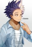  1boy adam&#039;s_apple bags_under_eyes boku_no_hero_academia breast_pocket casual collarbone cropped_jacket denim denim_jacket face forehead frown highres jacket male_focus messy_hair open_clothes open_jacket pocket pointing pointing_at_self purple_eyes purple_hair raised_eyebrows shinsou_hitoshi shirt short_hair sideburns simple_background solo spiked_hair striped striped_shirt tonbanlove twitter_username upper_body v-neck wing_collar 