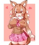  1girl animal_ears blush breast_pocket breasts brown_hair empty_eyes eyebrows_visible_through_hair fang fur_collar hand_on_own_chest haruirokomici heart highres japanese_wolf_(kemono_friends) kemono_friends large_breasts multicolored_hair nail_polish neckerchief nose_blush open_mouth plaid_neckerchief pocket skirt solo tail thighhighs two-tone_hair white_hair wolf_ears wolf_girl wolf_tail zettai_ryouiki 