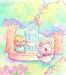  animal animal_crossing animal_focus artist_name bisquii blue_stripes bush cat chibi colorful english_commentary flower food fountain grass ice_cream merengue_(animal_crossing) nintendo no_humans painting_(medium) plant rhinoceros_girl rose shirt sitting standing striped striped_shirt tangy_(animal_crossing) traditional_media tree watercolor_(medium) 